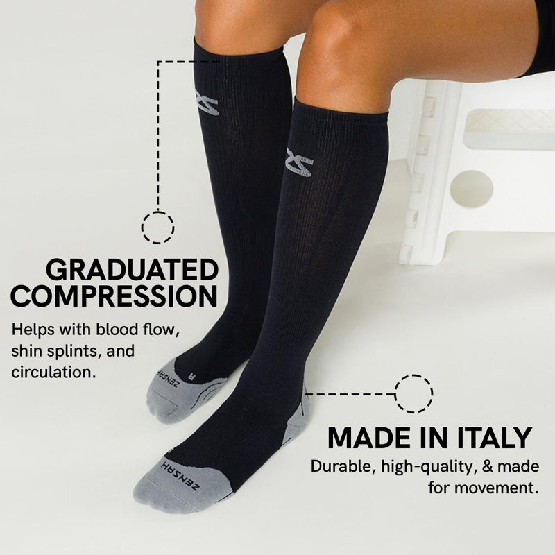 Zensah Tech+ Compression Socks - Knee High Running Socks for Sports, Travel, Made in Italy (Black/Yellow/Blue, Large) - Image 2